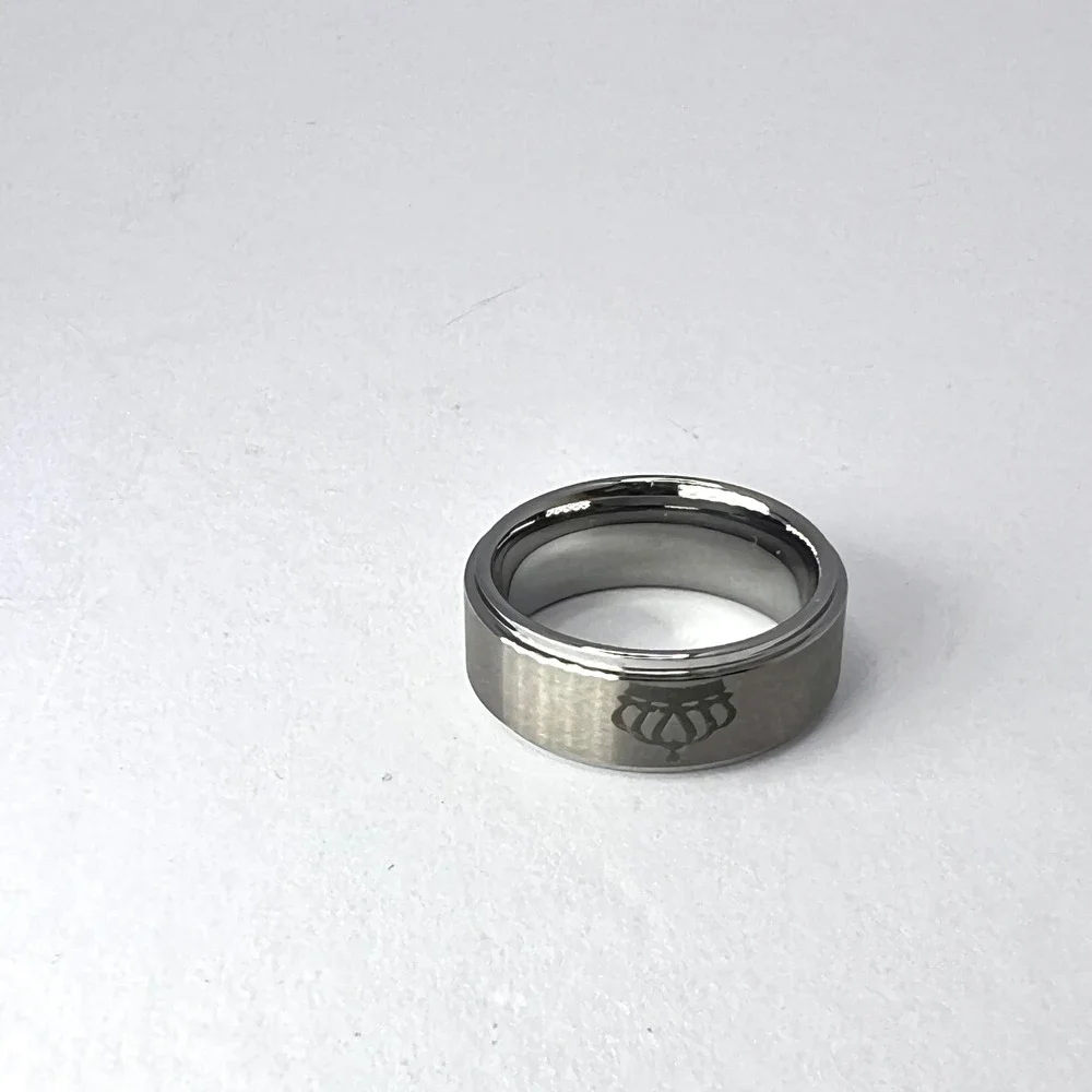 Gunmetal Tungsten Crown Engraved Ring Mens 7.5 Flat Edge Wedding Band King Faith